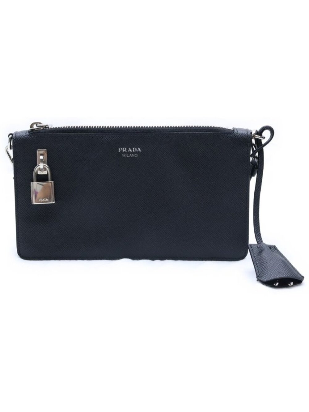 Prada Saffiano Leather Pouch Mini Handbag Black Silver